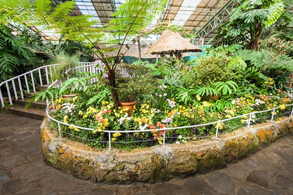 Allée fleurie et parterres colorés au sein d'un jardin sensoriel intérieur.
