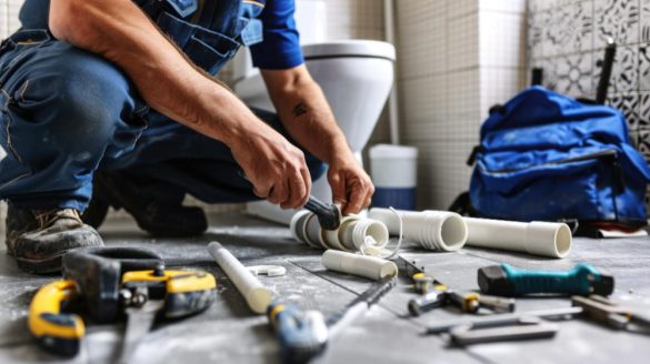 Un plombier professionnel en salopette bleue assemble des tuyaux en PVC blanc sur le sol d'une salle de bain, entouré de ses outils, pour illustrer l'article sur les cinq mythes de plomberie