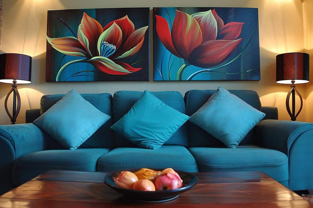 Un salon moderne avec un canapé bleu canard, surmonté d'un diptyque de tableaux représentant de grandes fleurs rouges et vertes, idéal pour apprendre à choisir un tableau pour son salon sans commettre de faute de goût.