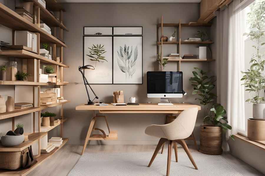 Un bureau amovible en bois clair installé dans un espace de travail chaleureux et moderne.