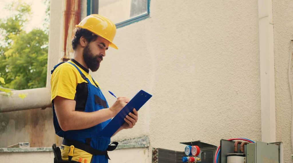 Un artisan chauffagiste en tenue de travail et casque de chantier rédige un devis remplacement chauffage par artisan en extérieur.
